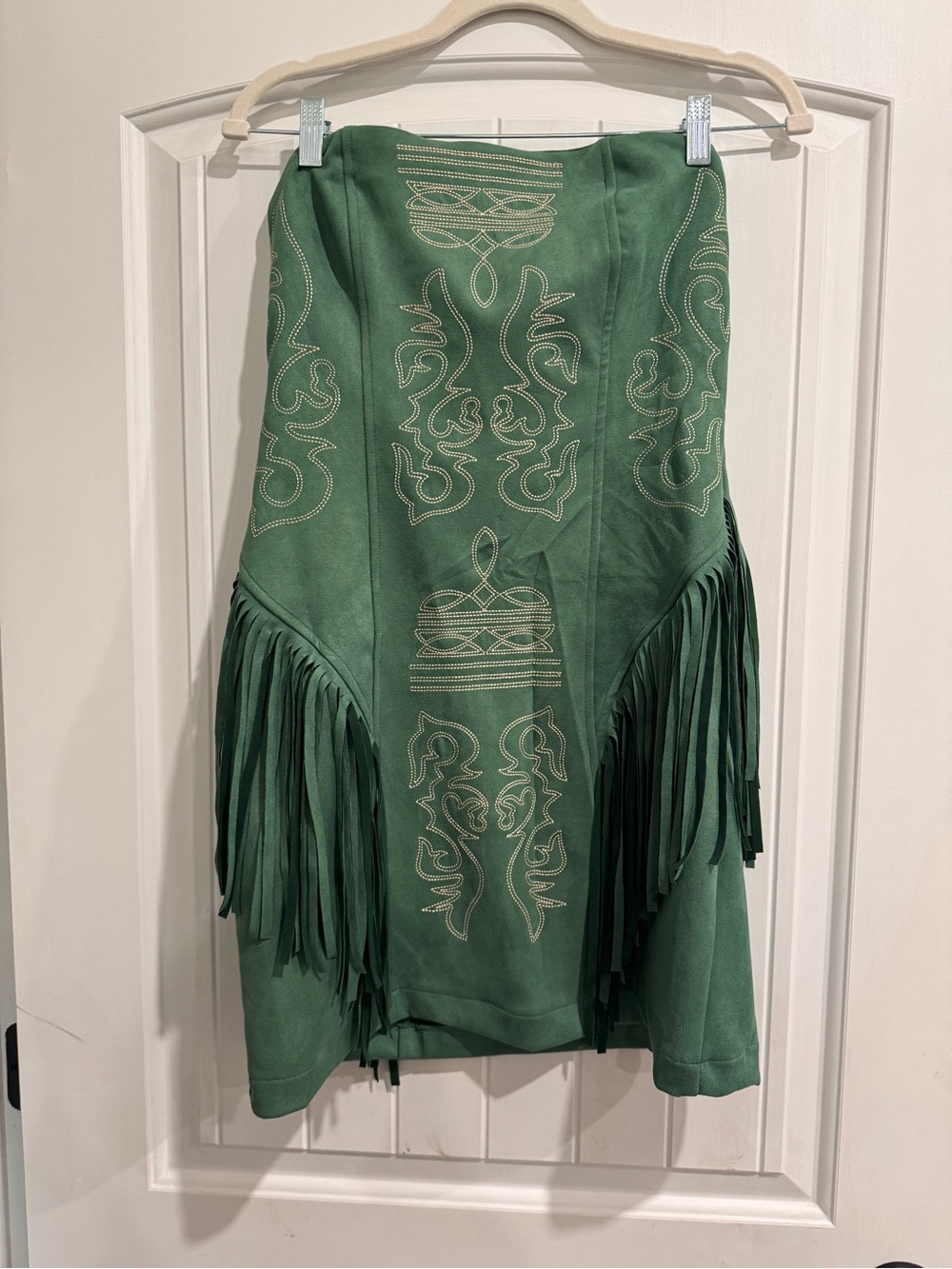 Lucky & Blessed Green Suede Fringe Embroidered Midi Skirt